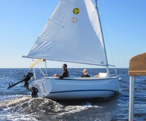 The new Sunday Cat heels under a full sail. Com-Pac Sunday Cat Sailing